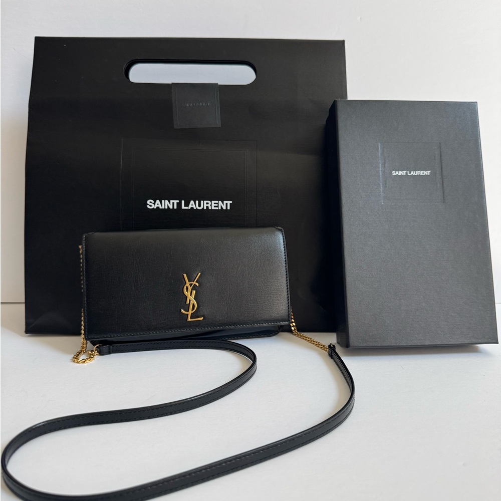 Saint Laurent Cassandre Black Leather Chain Wallet with Gold Logo